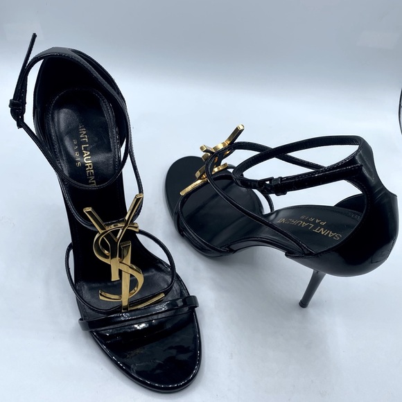 Saint Laurent Cassandra Gold-Logo Embellished Patent Leather Heels - Picture 3 of 17